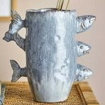Bloomingville Vase TACE Blau Keramik Fische 23 cm Blumenvase