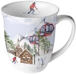 Tasse Weihnachten Lift an Skih&uuml;tte aus Porzellan. Motivtasse f&uuml;r den gedeckten