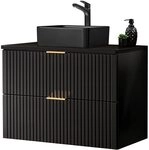 Lomadox Waschtisch, 81cm, mit schwarzem Aufsatzwaschbecken, in matt schwarz gerillt,