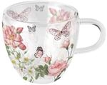Ambiente Tasse 10cm Glas doppelwandig mit Rosen & Schmetterling Motiv - 0,2L