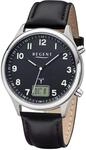 Regent Herren Funk-Armbanduhr aus Edelstahl und Leder in der Farbe Schwarz 39mm,