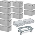 BRB 10 Euroboxen, LxBxH 600x400x320 mm + 10 Scharnierdeckel + 1 Transportroller