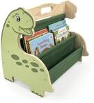 Relaxdays B&uuml;cherregal Kinder, Holz, 4 Stofff&auml;cher, beidseitig, gr&uuml;n/Natur | HxBxT: