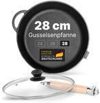 Premium tiefe Gusseisenpfanne 28 cm mit Glasdeckel abnehmbarer Holzgriff 