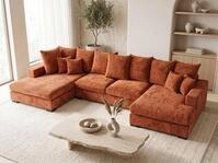 Wohnlandschaft mit Schlaffunktion & Bettkasten &ndash; Terrakotta Chenille &ndash; XXL...