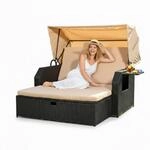 Mucola Strandkorb Fu&szlig;bank Sonnenbett Polyrattan Dach 2-Sitzer Schwarz Beige 