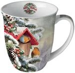Tasse Weihnachten Rotkehlchen im winterlichen Vogelhaus aus Porzellan....