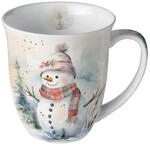 Tasse Weihnachten Schneemann mit Freude aus Porzellan. Motivtasse f&uuml;r den gedeckten