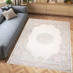 TAPISO Hera Teppich Kurzflor Gl&auml;nzend Creme Beige Grau Traditionell Bord&uuml;re