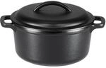 Amazon Basics Runder Gusseisen-Schmortopf, Eingebrannt, Zwei Griffe, 1,9l, Schwarz,