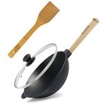 Wok Bratpfanne &Oslash;26 cm 2,8 L Gusseisen Holzgriff Glasdeckel Pfannenwender | Asia