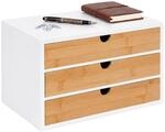 Relaxdays Schubladenbox, 3 Schubladen, Bambus & MDF, B&uuml;ro, wei&szlig;, natur | Mini