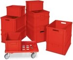 BRB Set mit 12 roten Euro-Stapelbeh&auml;ltern in 4 Gr&ouml;&szlig;en + 1 Transportroller