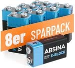 ABSINA 9V Blockbatterie Rauchmelder Alkaline - langlebig & auslaufsicher | 8er...