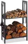 Relaxdays, anthrazit Kaminholzregal mit 2 Ablagen, aus Stahl, 4 Haken f&uuml;r