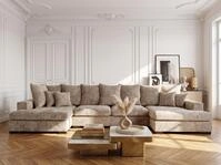 WFL GROUP Wohnlandschaft mit Schlaffunktion & Bettkasten &ndash; Beige Chenille &ndash;...