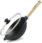 Wok Bratpfanne &Oslash;24 cm 2,2 L Gusseisen mit Holzgriff Glasdeckel Induktion | Asia