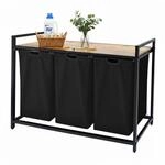 Relaxdays W&auml;schesammler mit 3 W&auml;sches&auml;cke, 150 L, Holzoptik Ablage, HBT: 73,5 x