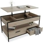 Relaxdays Couchtisch, aufklappbar, 2 Schubladen, Hellbraun/schwarz | 4 F&auml;cher, HBT