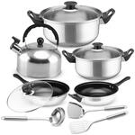 Retoo Topfset 11-teilig, Edelstahl, Silber | 2 T&ouml;pfe, 2 Pfannen, 3 Glasdeckel,