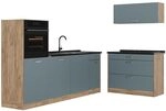 Vicco K&uuml;chenzeile R-Line, Blau-Grau/Goldkraft Eiche 220 cm | 6 Module &middot;