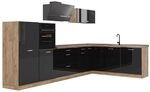 Vicco Eckk&uuml;che R-Line, Schwarz Hochglanz/Goldkraft Eiche 347 x cm | 8 Module &middot;