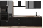 Vicco K&uuml;chenzeile R-Line, Schwarz Hochglanz/Goldkraft Eiche 310 cm | 7 Module...