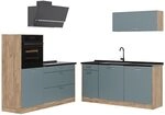 Vicco K&uuml;chenzeile R-Line, Blau-Grau/Goldkraft Eiche 160 cm | 6 Module &middot;