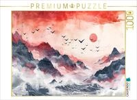 Puzzle &middot; Asiatische Tuschmalerei mit Vogelschwarm roter Sonne Meer und |...