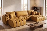 WFL GROUP Ecksofa 382x184 cm mit Schlaffunktion & Bettkasten &ndash; Senfgelb Samt...