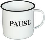 Tasse Becher Emailletasse Kaffeetasse Teetasse Emaille wei&szlig; Nostalgie 'PAUSE'