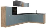 Vicco Eckk&uuml;che R-Line, Blau-Grau/Goldkraft Eiche 347 x cm | 8 Module &middot;
