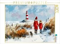 Puzzle &middot; Winterspaziergang mit Hund am Meer Aquarellbild | Aquarell im Winter Zwei