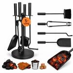 Relaxdays Kaminbesteck, 5 tlg. Kamingarnitur, Sch&uuml;rhaken, Schaufel, schwarz | Besen,