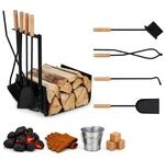 Relaxdays Kaminholzkorb Metall, mit 4 TLG. Kaminbesteck, Schaufel, Besen, Zange &