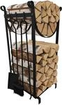 Relaxdays Kaminholzregal mit Kaminbesteck, 2 Ebenen, Feuerzange, Kaminbesen,