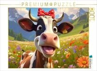 Puzzle &middot; Eine schwarz-wei&szlig;e Kuh tr&auml;gt EIN freches rotes Schleifchen |...