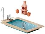 FALLER Swimming-Pool und Gartenhaus Modellbausatz mit 57 Einzelteilen 80 x 44 x 26 mm