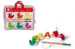 Janod - Angelspiel Enten - 6 Bunte Enten + 2 Angeln aus Holz - Badeenten - Gummienten
