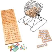 Bingo Spiel mit Lostrommel und Holzbrett - Set mit 90 Bingo Kugeln, 15 Bingo /...