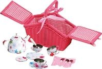 small foot Picknickkorb "Bunte Blumen" aus Rattan in Pink, mit Blechgeschirr in