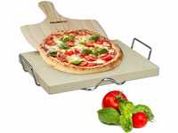 Relaxdays Pizzastein Set 3 cm Stärke mit Metallhalter und Pizzaschieber aus Holz
