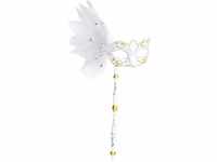 "WHITE EYEMASKS ON A STICK WITH FEATHERS & SILVER/GOLD ACCENTS" -