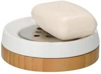 WENKO Seifenablage Bamboo - Seifenschale, Keramik, 11.5 x 3.8 x 11.5 cm Wei&szlig; / Braun