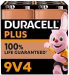 Duracell Plus 9V Blockbatterie, 4 St&uuml;ck, 9 Volt Batterie ideal f&uuml;r Rauchmelder,