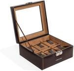 Friedrich|23, Uhrenkasten, F&uuml;r 6 Uhren, Leder-Optik, Mit Glasdeckel, 18 x 18 x 8,5