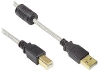 Anschlusskabel USB 2.0 High Quality mit Ferritkern und Goldkontakten, transparent,