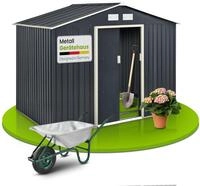 Juskys Metall Ger&auml;tehaus XL 9m&sup3; mit Satteldach, Schiebet&uuml;r & Fundament - 277 x 191