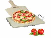 Relaxdays Pizzastein Set 1,5 cm Stärke mit Metallhalter und Pizzaschieber aus Holz