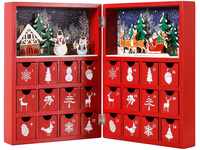 BRUBAKER Adventskalender aus Holz zum Befüllen - Rotes Weihnachtsbuch mit 24